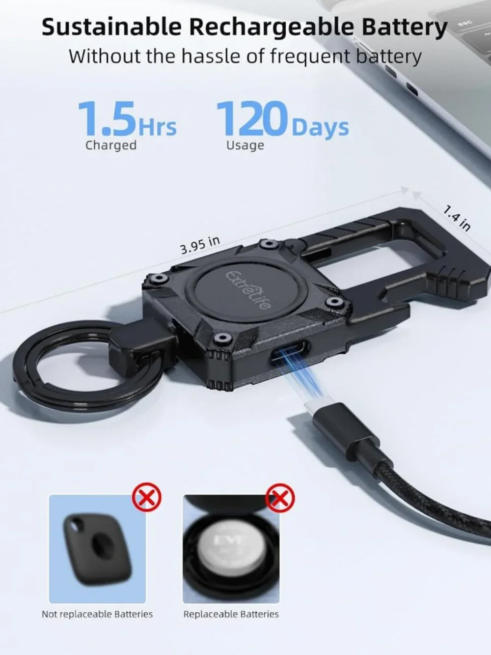 GPS Tracker Keychain with Bottle Opener & Carabiner - Works with Apple Find My